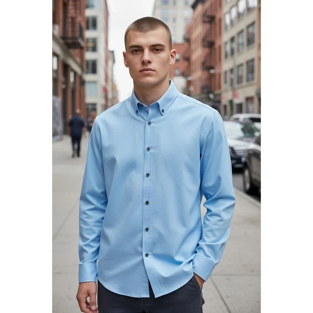 Banana Republic Shirt Mens Large Blue Solid Stretch Slim Fit Dress Long Sleeve